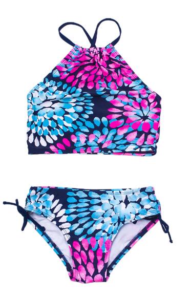 Canrulo Toddler Baby Girls Swimsuits Kids Floral Print 2 Piece Bathing Suit Halter Top Bikini Bottoms Swimming Suit Navy Blue 7-8 Years